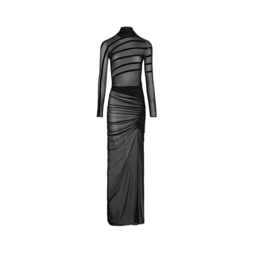 Flocked-Stripe Mesh Maxi Dress