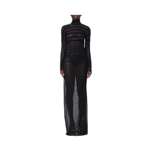 Flocked-Stripe Mesh Maxi Dress