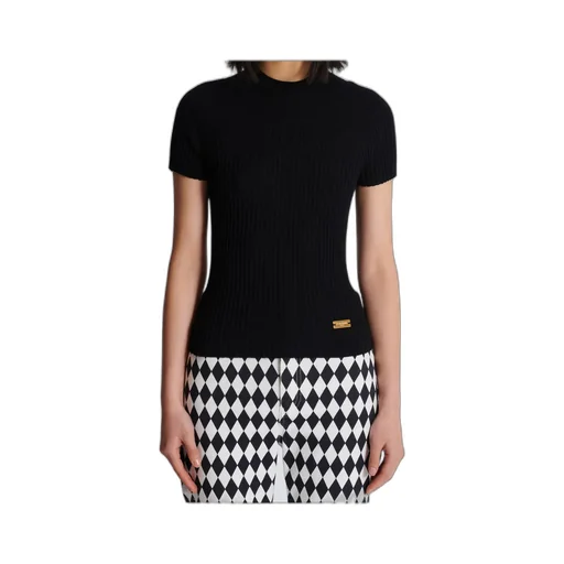 Balmain Logo Plaque Short-Sleeved Ribbed Knit Top