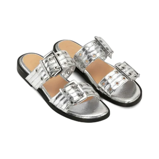 Ganni Eyelet Detailed Strap Buckle Slides