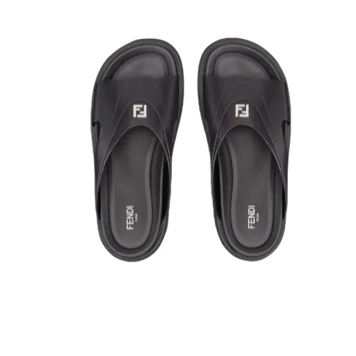 Black Leather Slides