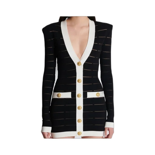 Balmain Button-Embellishment V-Neck Knitted Mini Dress