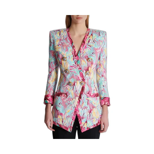 Balmain Feather Printed Long 6-Button Jacket