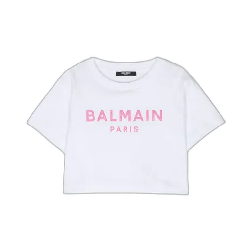 Balmain Kids Logo Printed Crewneck Cropped T-Shirt