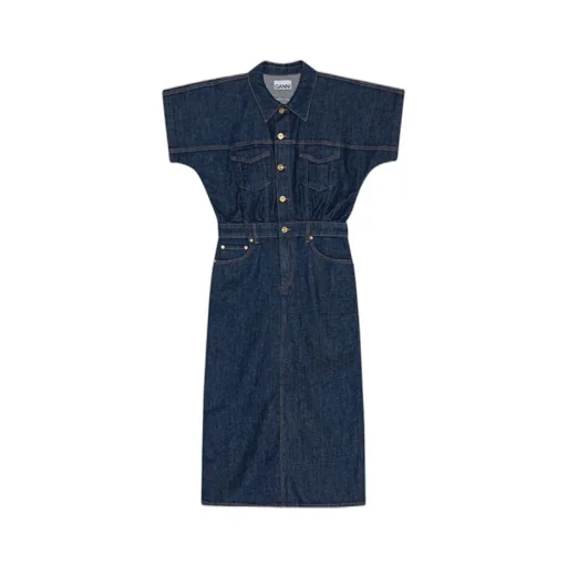 Ganni Short-Sleeved Denim Midi Dress