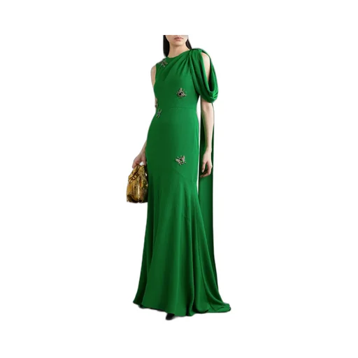 Crystal-Embellished Drape-Shoulder Gown