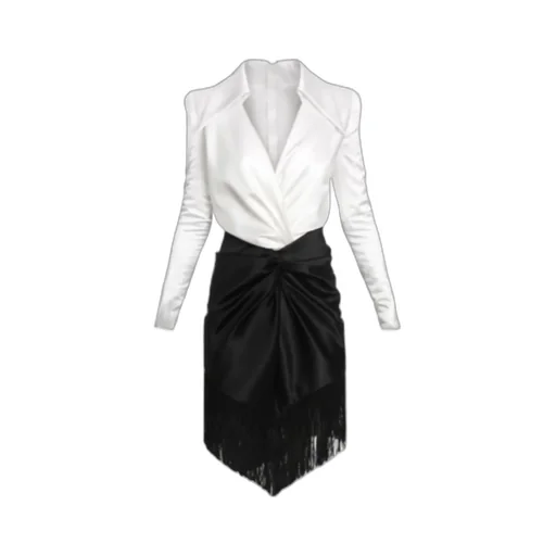 Draped And Fringed Satin Tailored Dress