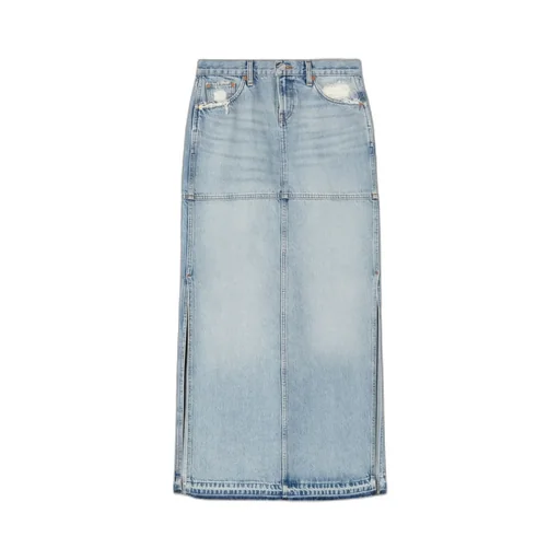 Re/Done Side-Slit Distressed Denim Maxi Skirt