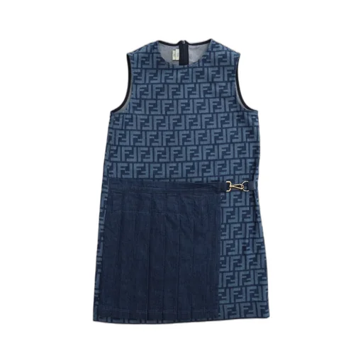 Fendi Kids Layered Monogram Pleated Denim Dress