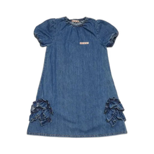 Marni Kids Ruffle Detailed Short-Sleeved Denim Dress