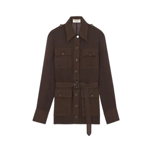 Saint Laurent Saharienne Belted Long-Sleeved Dress