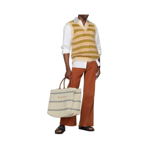 Marni Logo Embroidered Striped Large Tote Bag