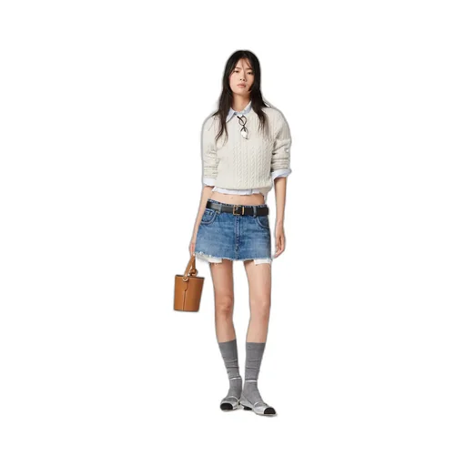 Miu Miu Logo Detailed Frayed-Hem Denim Skirt