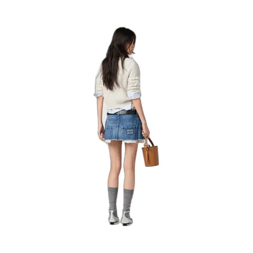 Miu Miu Logo Detailed Frayed-Hem Denim Skirt
