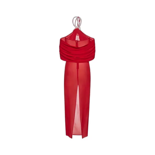 Flower-Appliqué Sheer Silk Dress