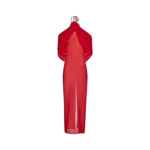 Flower-Appliqué Sheer Silk Dress