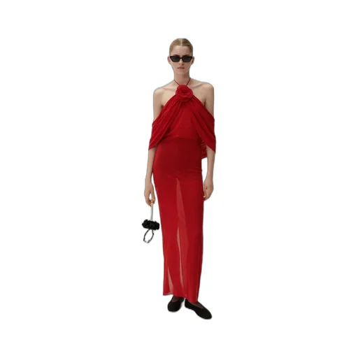 Flower-Appliqué Sheer Silk Dress