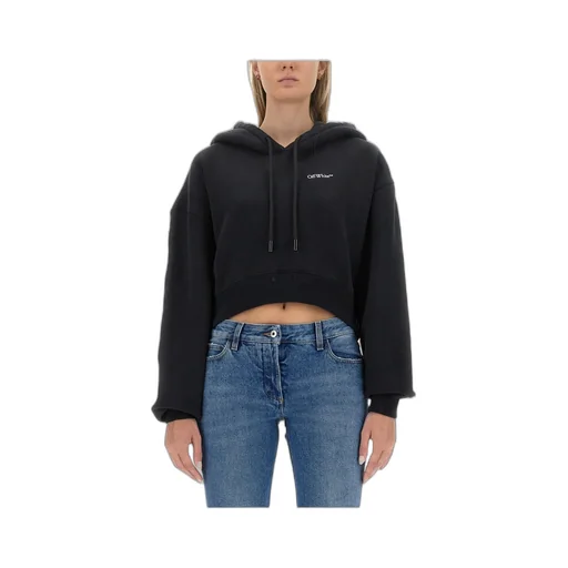 Off-White Logo Printed Cropped Drawstring Hoodie