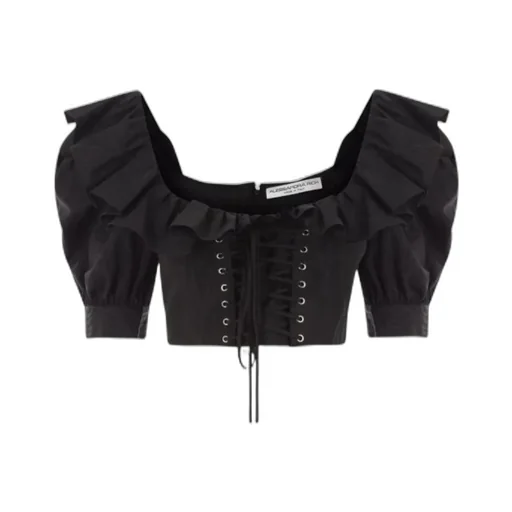 Alessandra Rich Ruffled Cropped Lace-Up Blouse