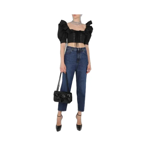 Alessandra Rich Ruffled Cropped Lace-Up Blouse