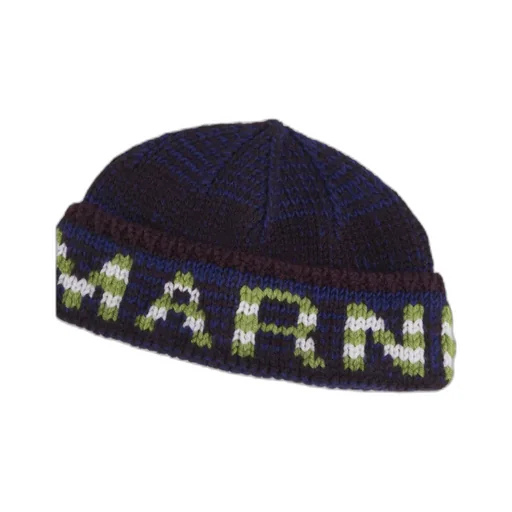 Blue Mouliné Beanie With Striped Logo