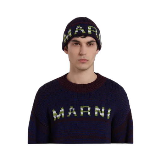 Blue Mouliné Beanie With Striped Logo