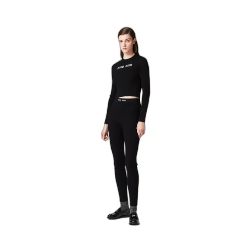 Miu Miu High Waist Logo Band Ribbed Leggings