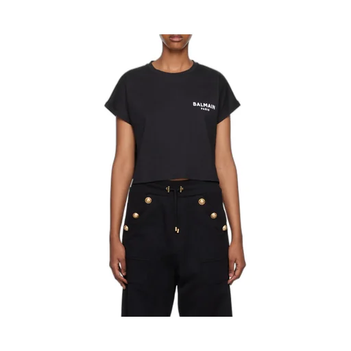 Balmain Flocked Logo Cropped T-Shirt