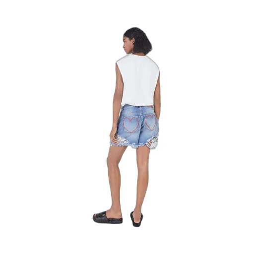 Heart-Shaped Embroidered Imitation Denim Shorts