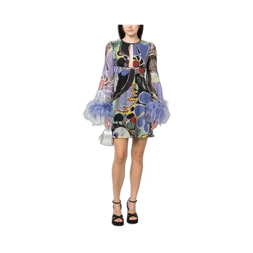 Moschino Feather-Trim Psychedelic Printed Cut-Out Dress