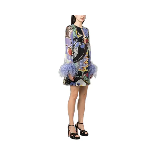 Moschino Feather-Trim Psychedelic Printed Cut-Out Dress