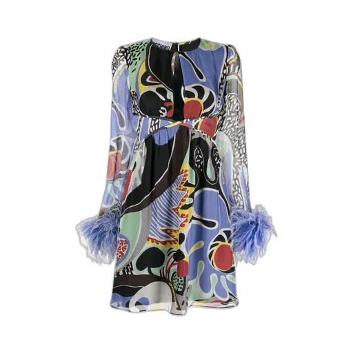 Moschino Feather-Trim Psychedelic Printed Cut-Out Dress