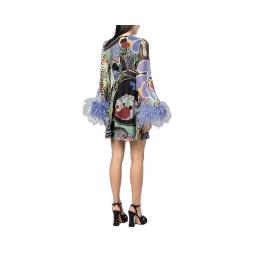 Moschino Feather-Trim Psychedelic Printed Cut-Out Dress