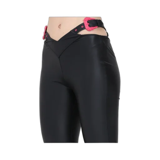 Polished-Finish Buckle-Detail Leggings