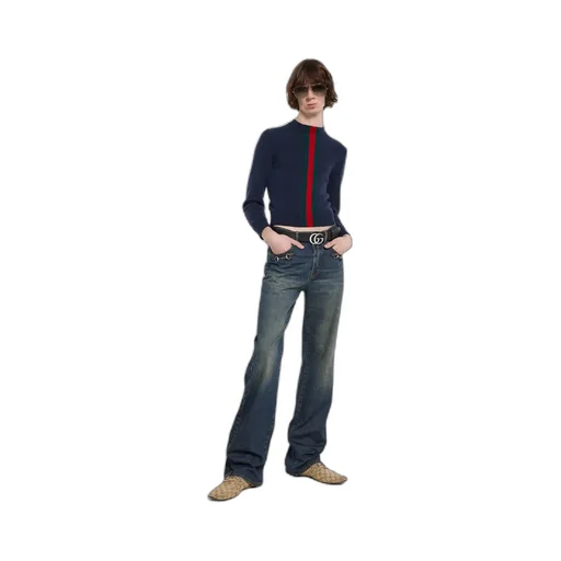 Cotton Denim Pants With Horsebit Detail