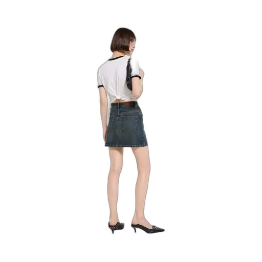 Cotton Denim Skirt With Horsebit