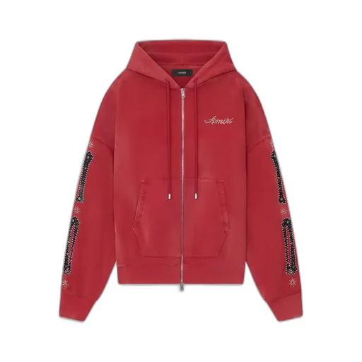 Bones Studded Oversized Zip Hoodie - Red Rose