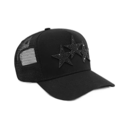 Crystal 3 Star Trucker Hat - Black Black