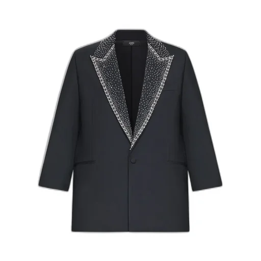 Embellished Lapel Single-Breasted Blazer - Black