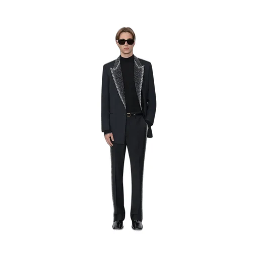 Embellished Lapel Single-Breasted Blazer - Black