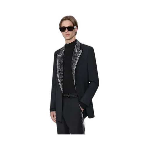 Embellished Lapel Single-Breasted Blazer - Black