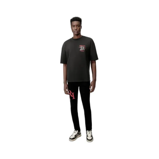 Staggered Logo Skinny Jean- Black Red