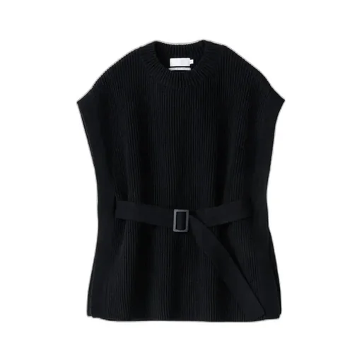 Fine Wool Rib Knit Crew Neck Belted Vest
