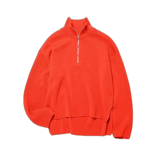 Women Solid Wool Rib Half Zip