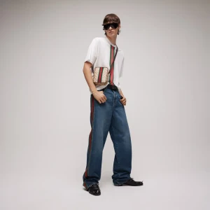 Cotton Denim Pants With Web Insert
