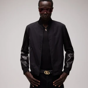 Fabric Bomber Jacket With Nappa Sleeves