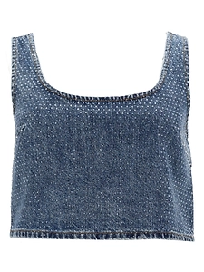 Self Portrait Denim Crop Top With Rhinestones