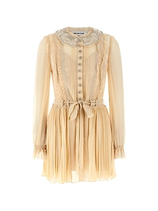 Self Portrait Tan Pleated Georgette Mini Dress