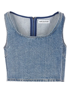Self Portrait Rhinestone Denim Crop Top