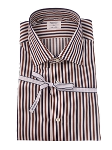 Mazzarelli Camicie Cotton Striped Shirt Brown, Blue And White Slim Fit